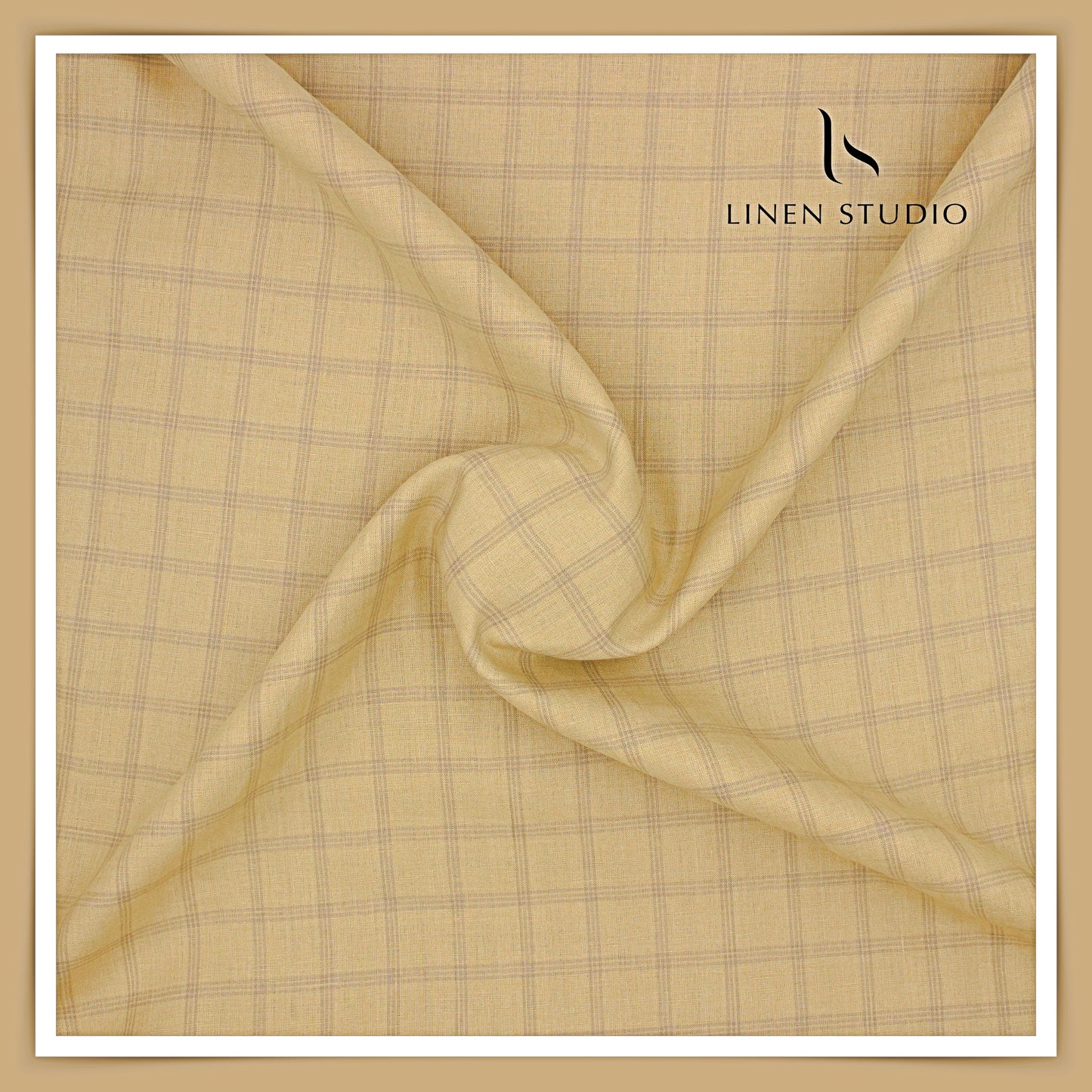 Checkered fabric with a subtle pattern on a beige background, featuring the brand 'Linen Studio'.