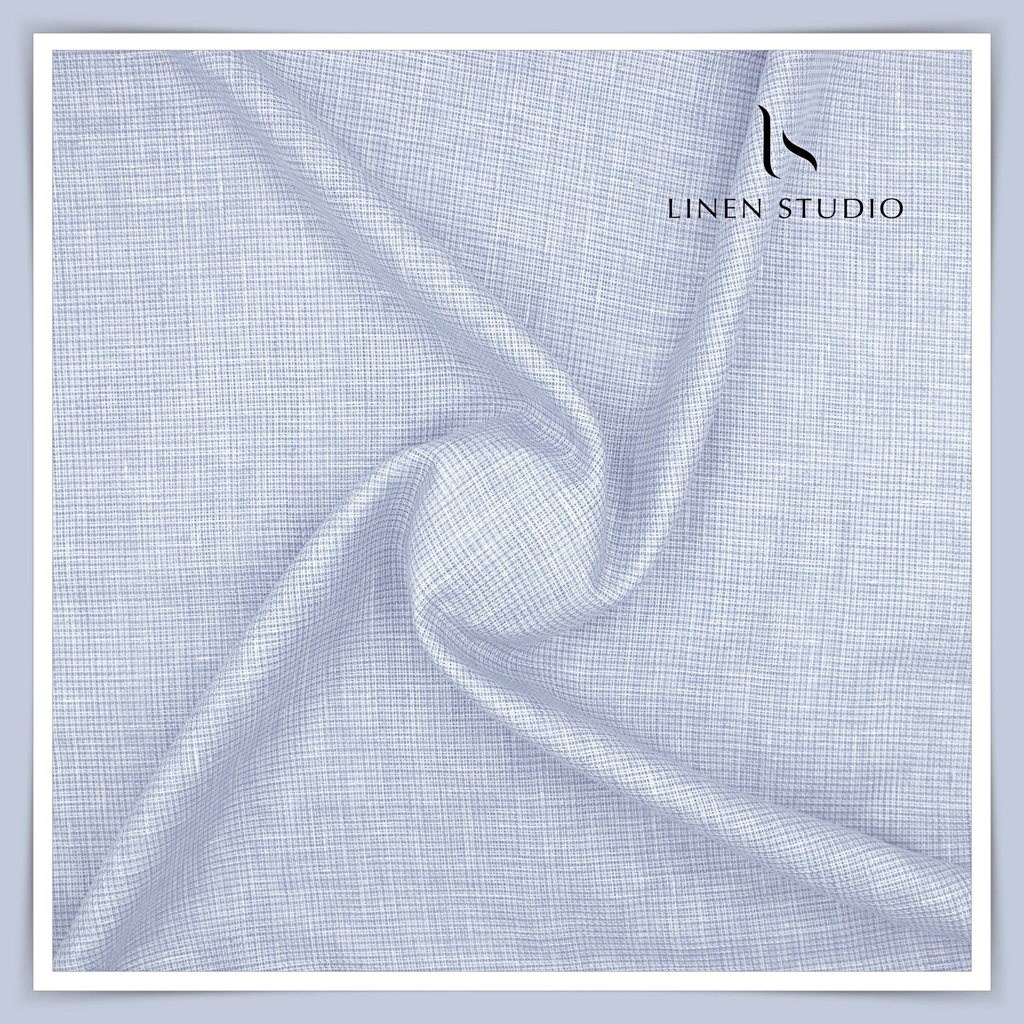 Linen fabric with a subtle check pattern on a light gray background, featuring the Linen Studio logo.