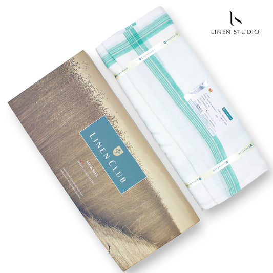 Pure Linen Dhoti by Linen Club - Tiffany Blue with Gold Zari (zoom in)