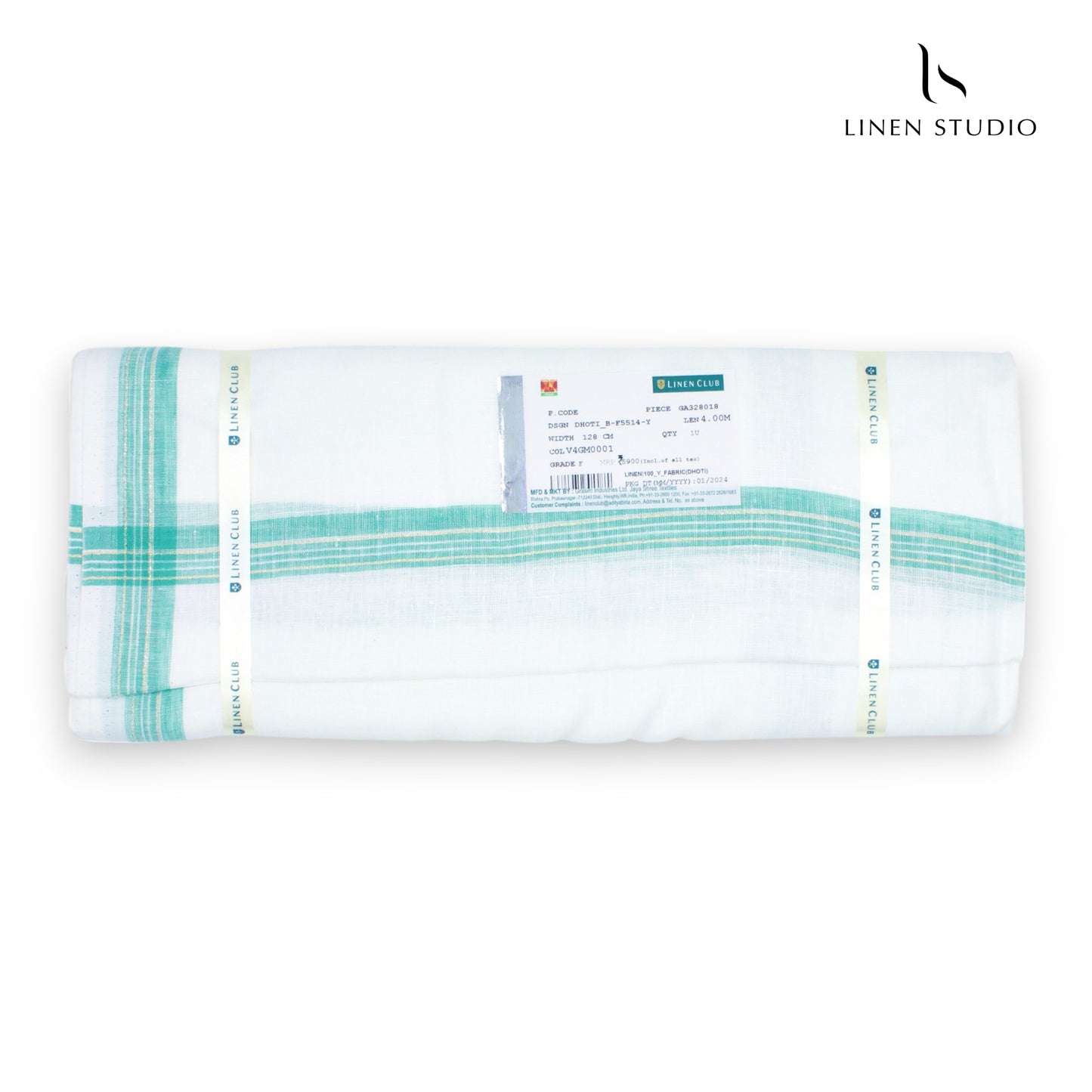 Pure Linen Dhoti by Linen Club - Tiffany Blue with Gold Zari (zoom in)