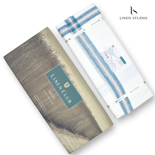 Pure Linen Dhoti by Linen Club - Dusty Blue with Gold Zari (zoom in)