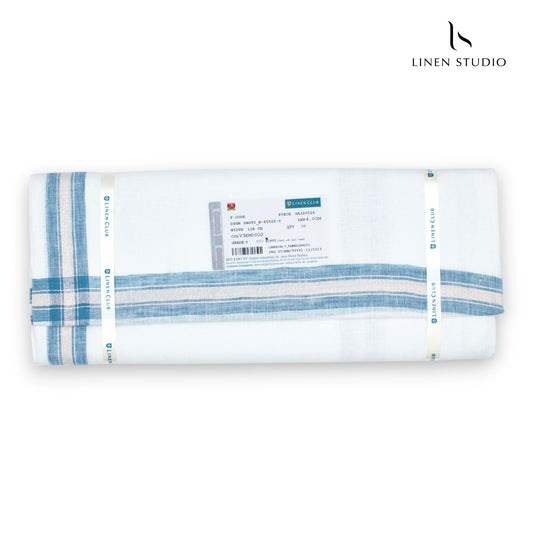 Pure Linen Dhoti by Linen Club - Dusty Blue with Gold Zari (zoom in)