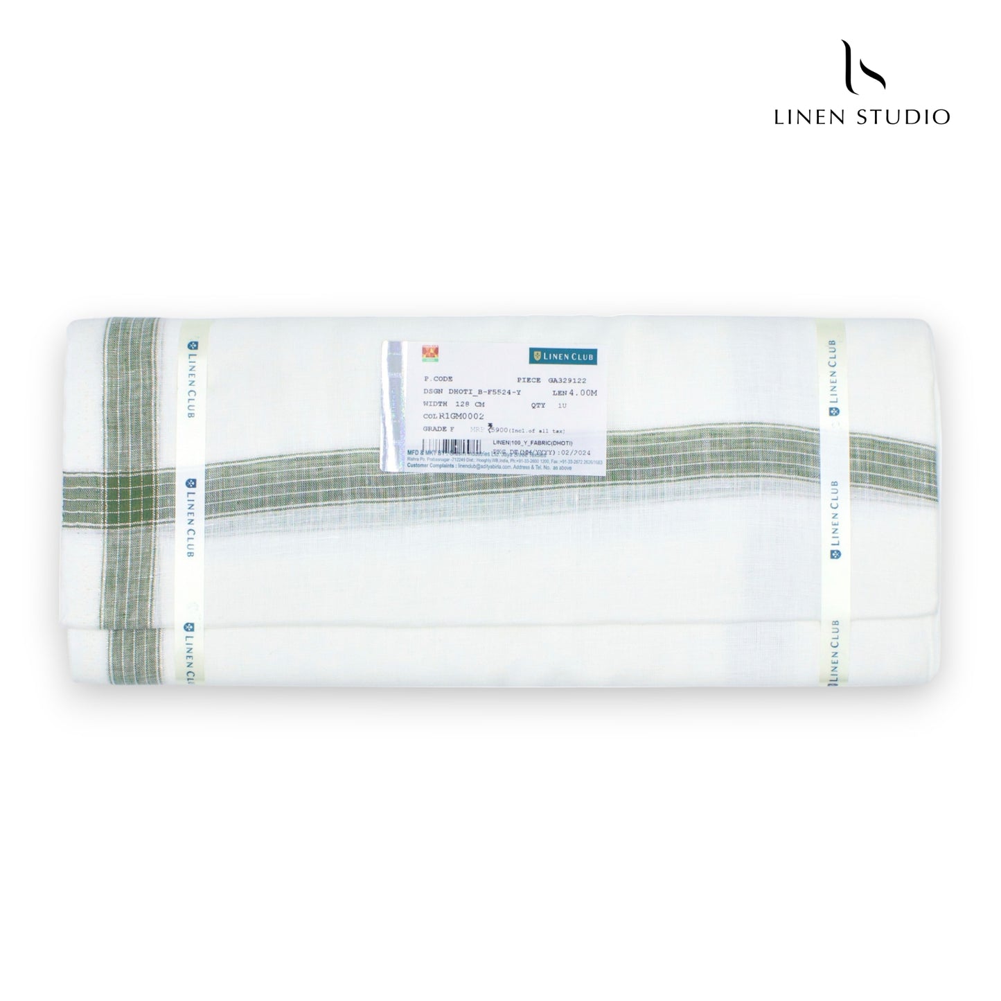 Pure Linen Dhoti by Linen Club - Moss Green with Silver Zari (zoom in)