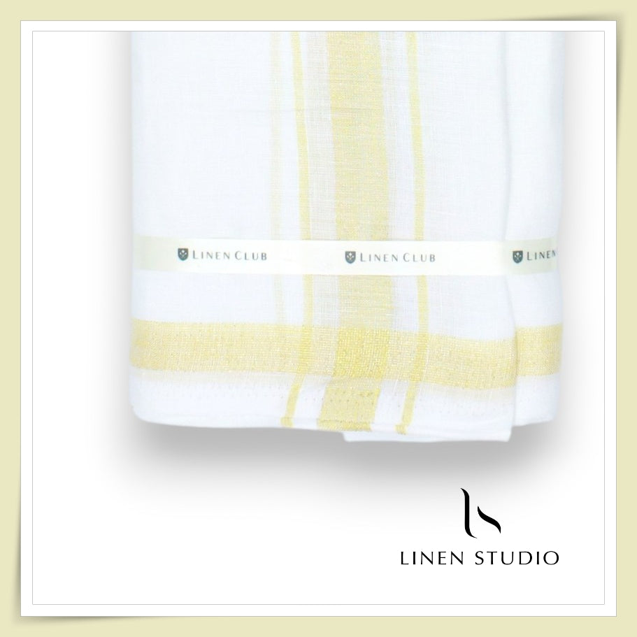 Pure Linen Dhoti by Linen Club - Gold Zari Medium Border (Zoom In) (NEW)