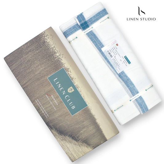 Pure Linen Dhoti by Linen Club - Dusky Blue Medium Border