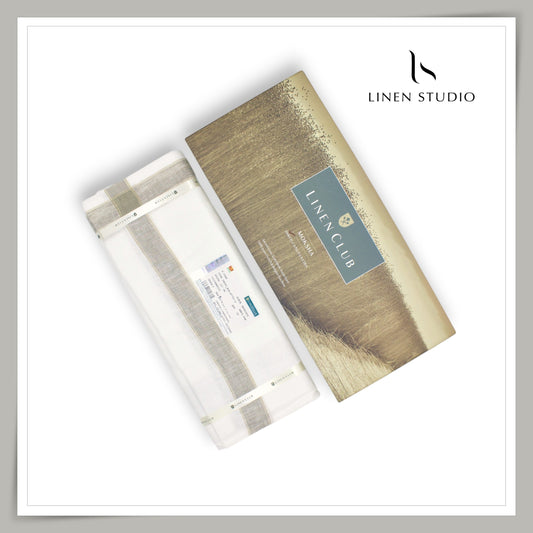 Pure Linen Dhoti by Linen Club -  Grey with Gold Thin Zari Border (Zoom In) (NEW)