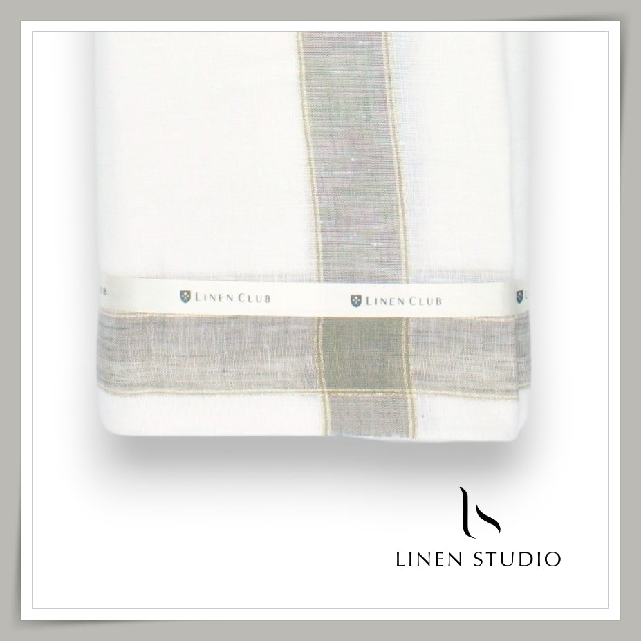 Pure Linen Dhoti by Linen Club -  Grey with Gold Thin Zari Border (Zoom In) (NEW)