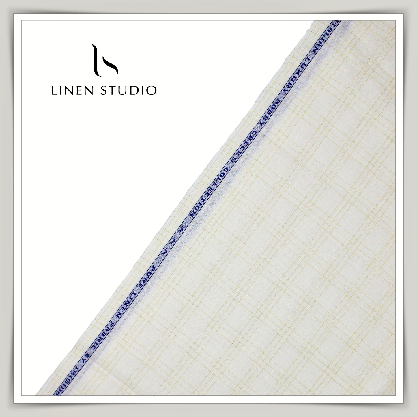 60 Lea European Linen Shirting - Off-White Dobby with Golden Zari Checks (zoom in)