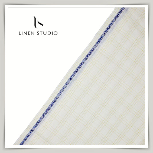 60 Lea European Linen Shirting - Off-White Dobby with Golden Zari Checks (zoom in)