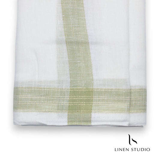Pure Linen Dhoti by Linen Club - Pastel Green with Gold Zari (zoom in)