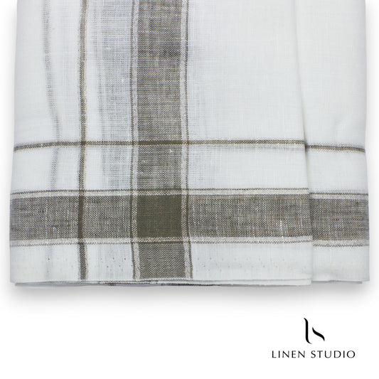 Pure Linen Dhoti by Linen Club - Greenish Brown with Silver Zari (zoom in)