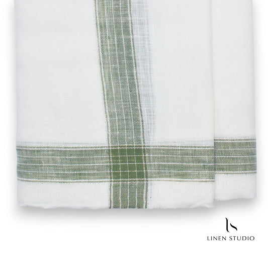Pure Linen Dhoti by Linen Club - Moss Green with Silver Zari (zoom in)