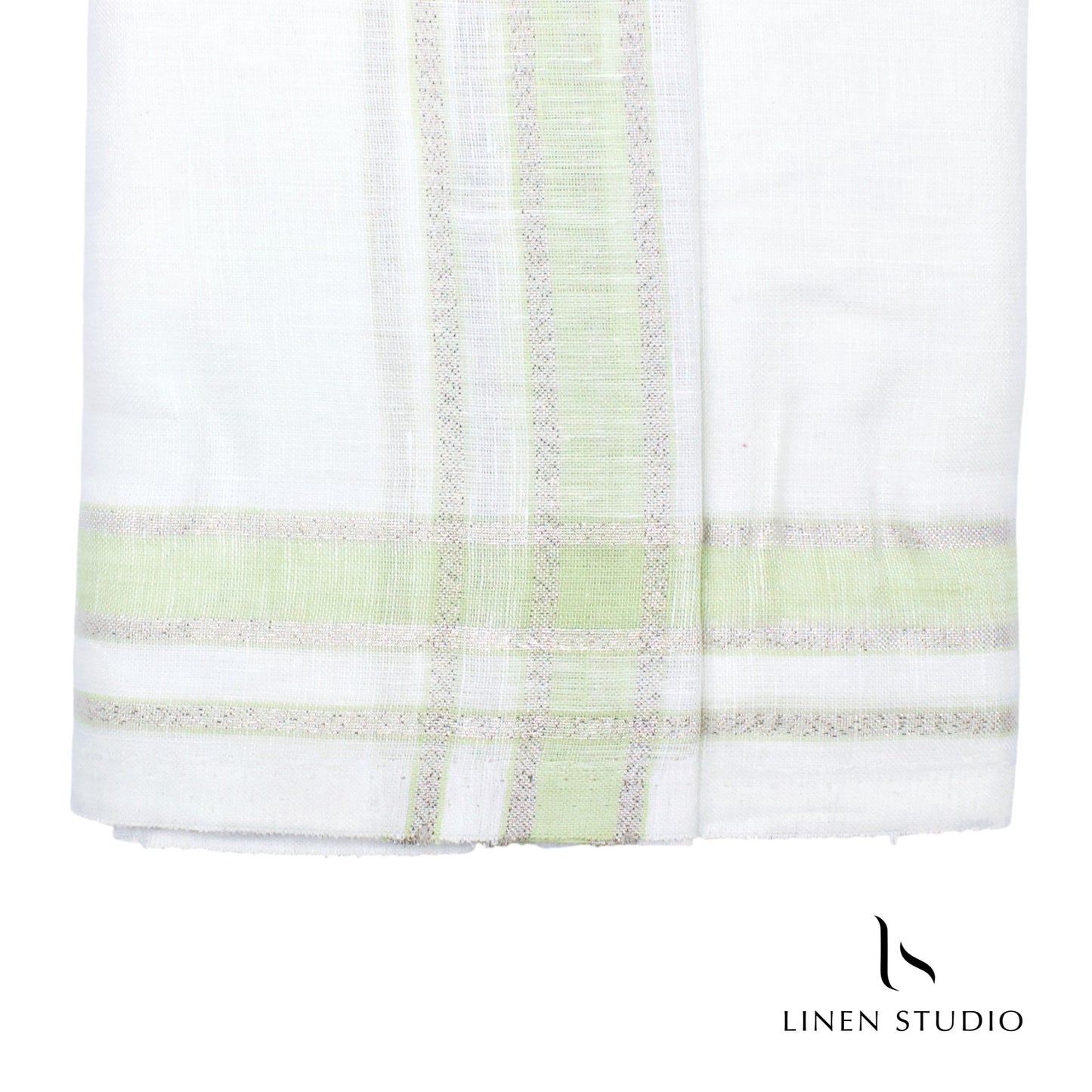 Pure Linen Dhoti by Linen Club - Mint Green with Silver Zari (zoom in)