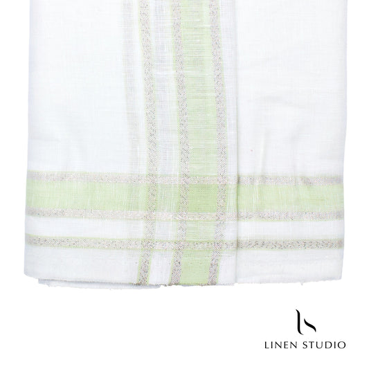 Pure Linen Dhoti by Linen Club - Mint Green with Silver Zari (zoom in)