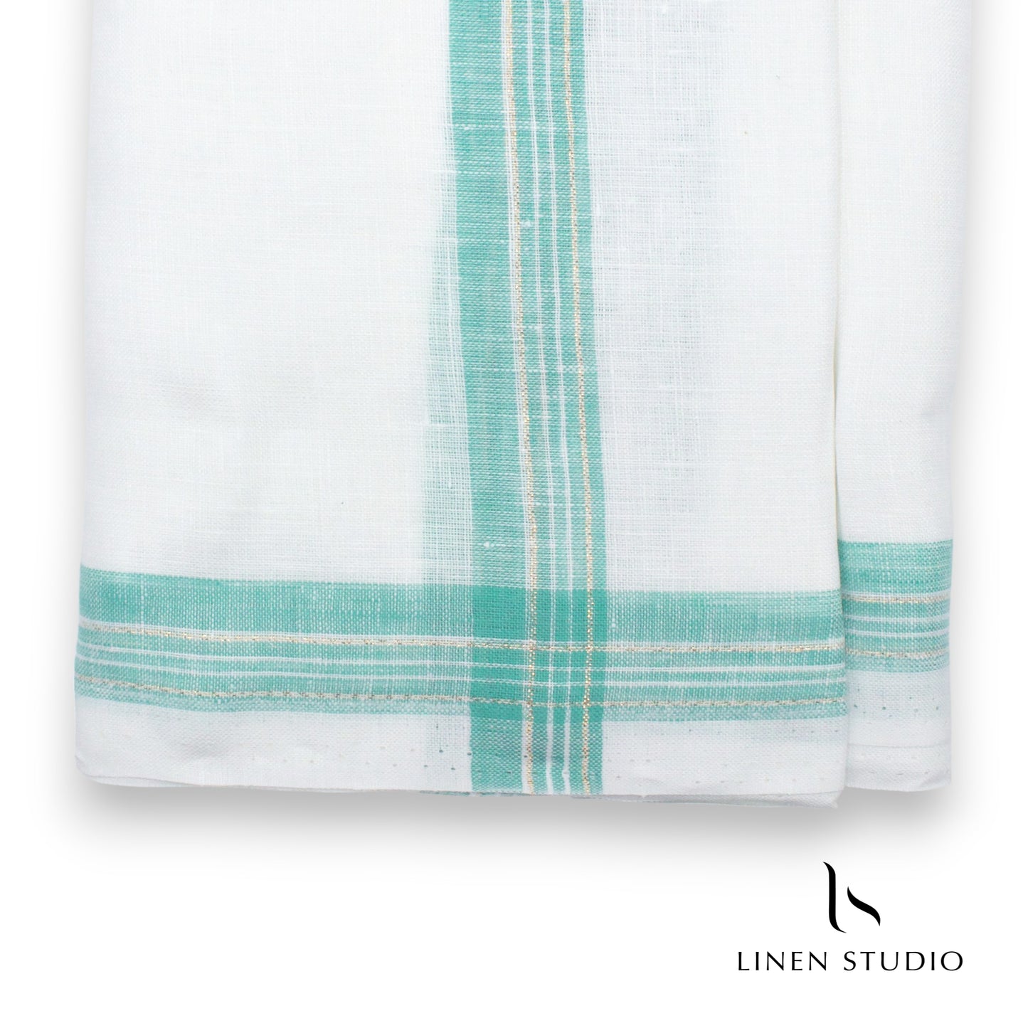 Pure Linen Dhoti by Linen Club - Tiffany Blue with Gold Zari (zoom in)