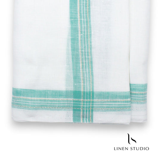 Pure Linen Dhoti by Linen Club - Tiffany Blue with Gold Zari (zoom in)