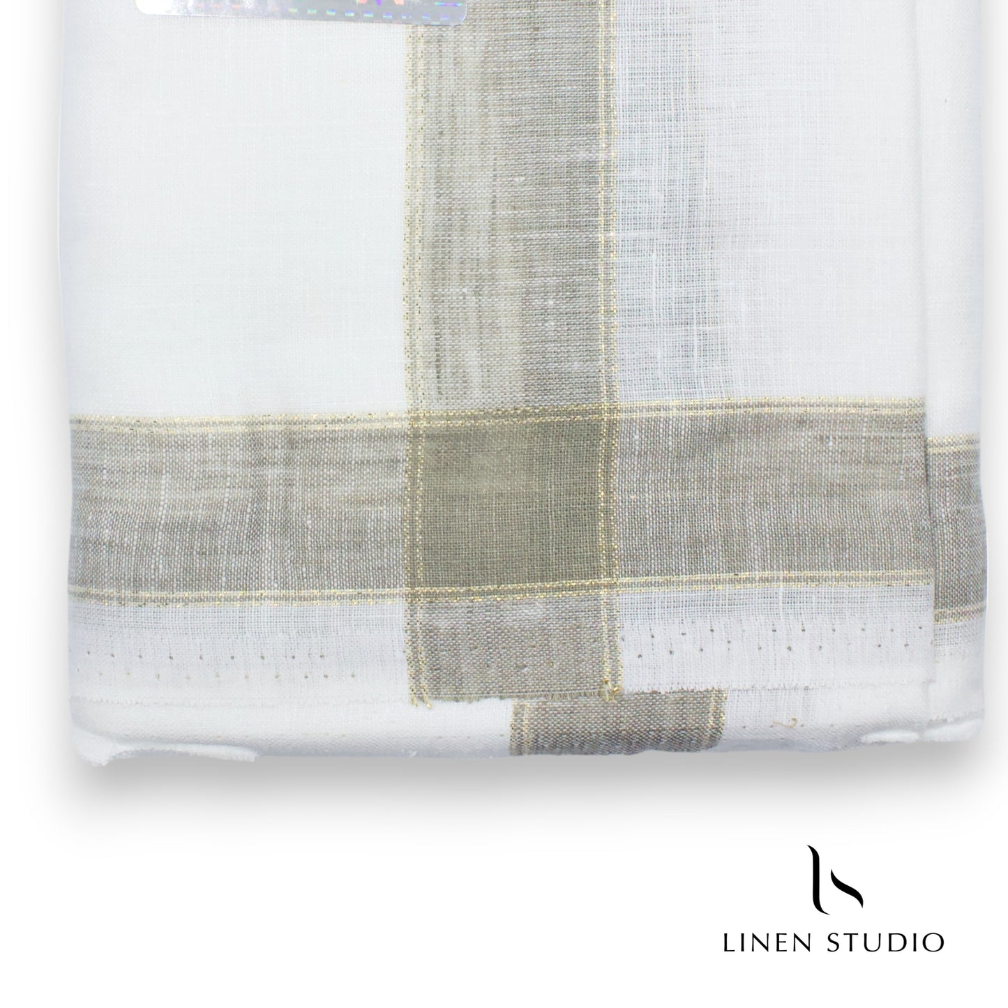 Pure Linen Dhoti by Linen Club - Greenish Grey with Gold Zari (zoom in)