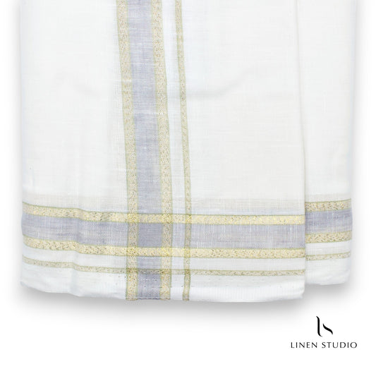 Linen Cotton Dhoti by Linen Club - Greyish Lilac Border with Gold Zari (zoom in)