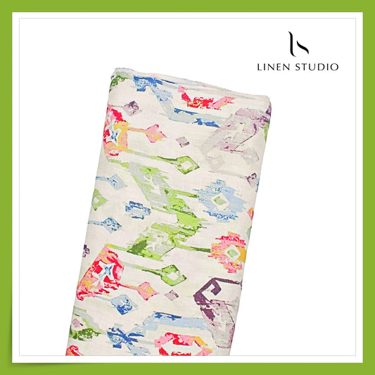 100% Pure Linen Digitally Printed by LINEN STUDIO - Multicolour Karigari (NEW) (Exclusive)