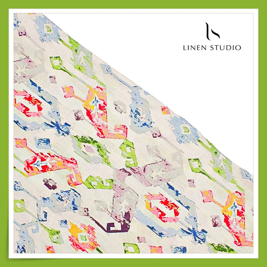 100% Pure Linen Digitally Printed by LINEN STUDIO - Multicolour Karigari (NEW) (Exclusive)