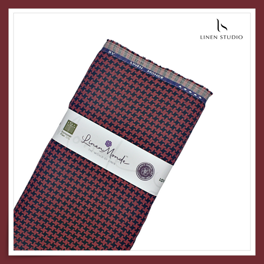 70 Lea Jacquard Shirting by Linen Monde - Black & Brick Red Houndstooth Checks (NEW)