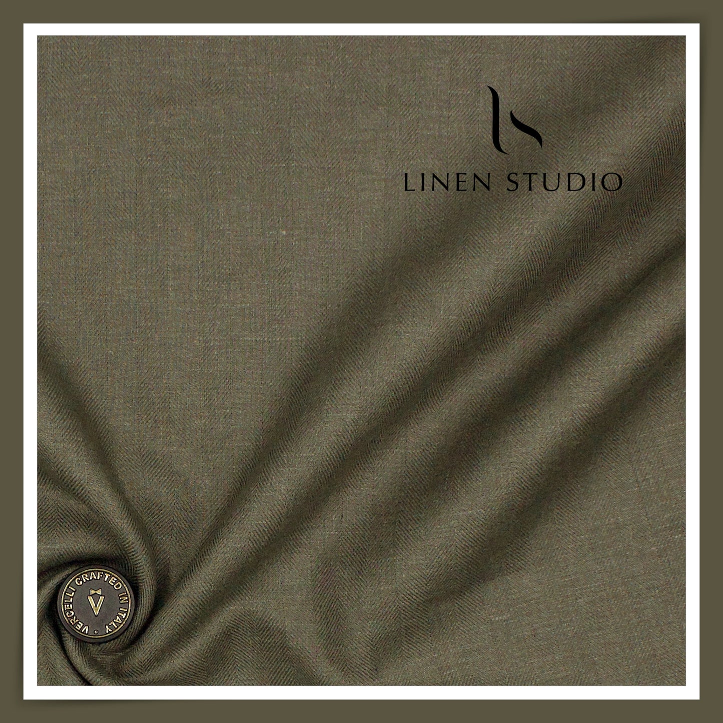 60 Lea French Linen Suiting by Vercelli Italy - Crocodile Green Herringbone (Zoom In) (NEW)