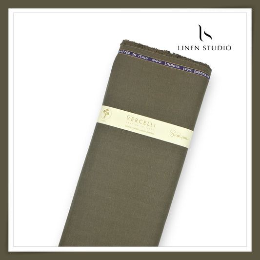 60 Lea French Linen Suiting by Vercelli Italy - Crocodile Green Herringbone (Zoom In) (NEW)