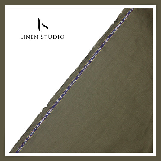 60 Lea French Linen Suiting by Vercelli Italy - Crocodile Green Herringbone (Zoom In) (NEW)
