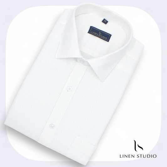 Pure Cotton Netted Dobby White Shirt - Linen Studio