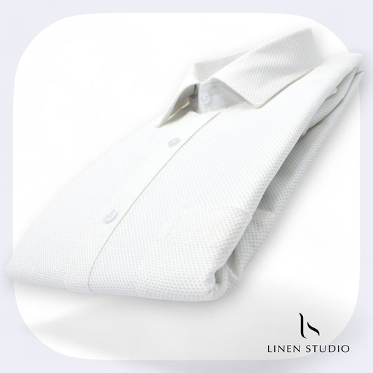 Pure Cotton Netted Dobby White Shirt - Linen Studio