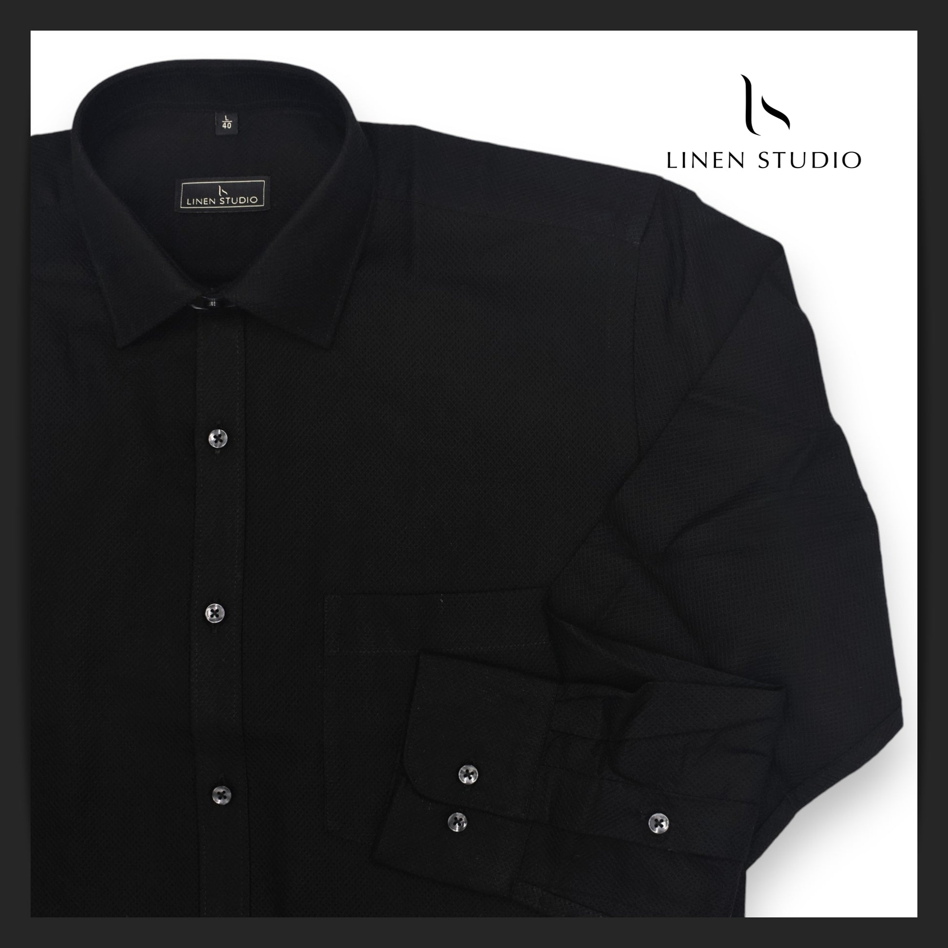 Pure Cotton Netted Dobby Black Shirt - Linen Studio
