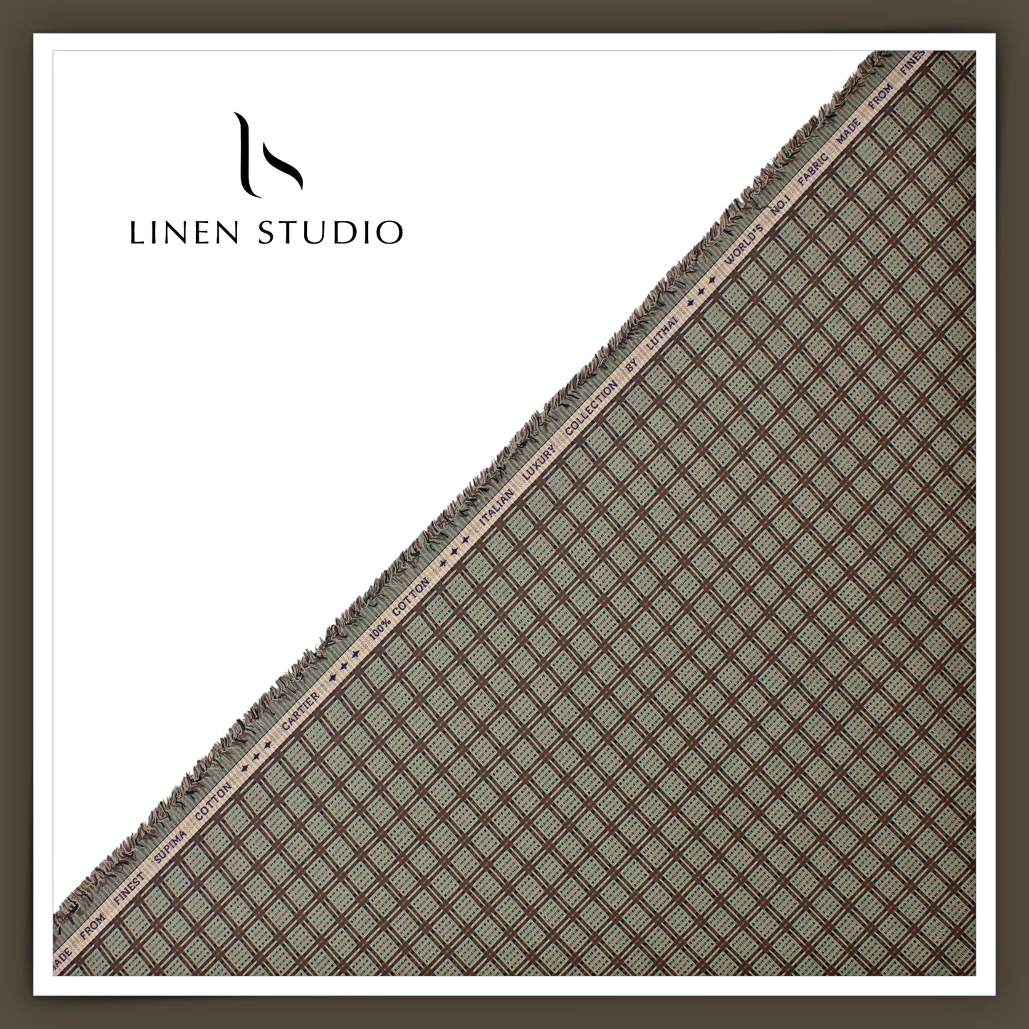 Luthai 100% Supima Cotton Jacquard Shirting - Green & Brown Fancy Checks (Zoom In) (NEW)