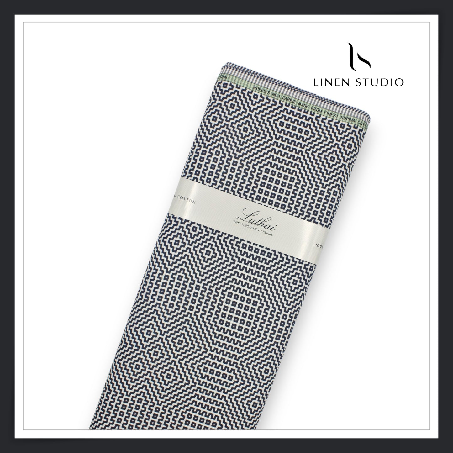 Luthai 100% Supima Cotton Jacquard Shirting - White & Dark Blue Abstract (Zoom In) (NEW)