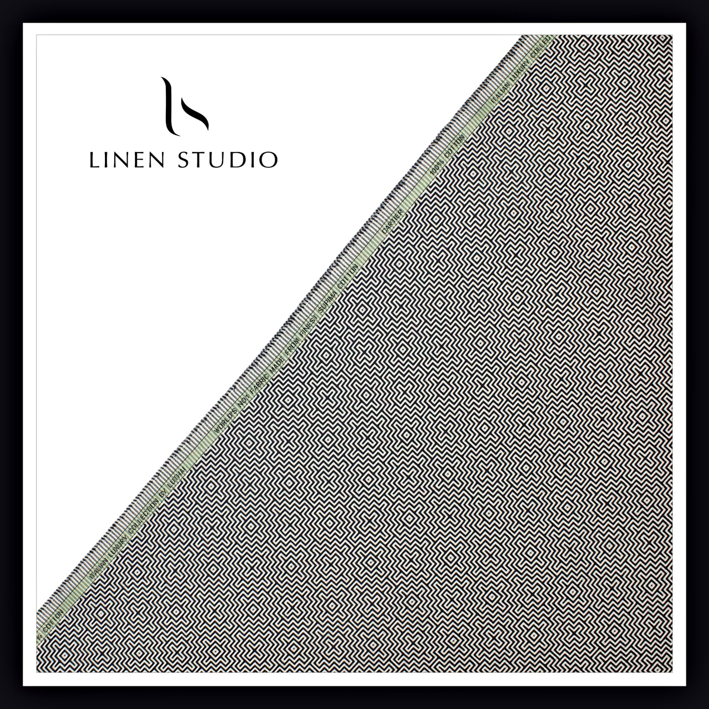 Luthai 100% Supima Cotton Jacquard Shirting - White & Dark Blue Abstract 2 (Zoom In) (NEW)