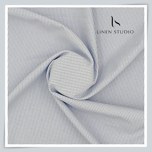100% Supima Cotton Shirting by Luthai - White Formal Blue Checks (NEW)