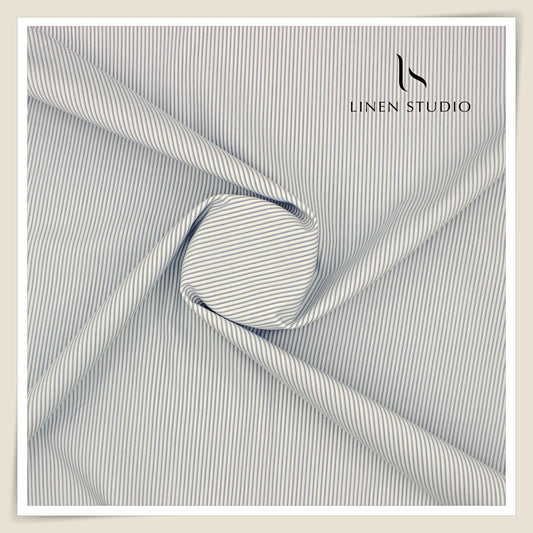 100% Supima Cotton Shirting by Luthai - White Formal Blue Stripes (NEW)