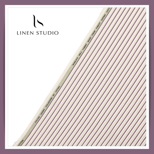 100% Supima Cotton Shirting by Luthai - Cream with Purple Stripes (NEW)