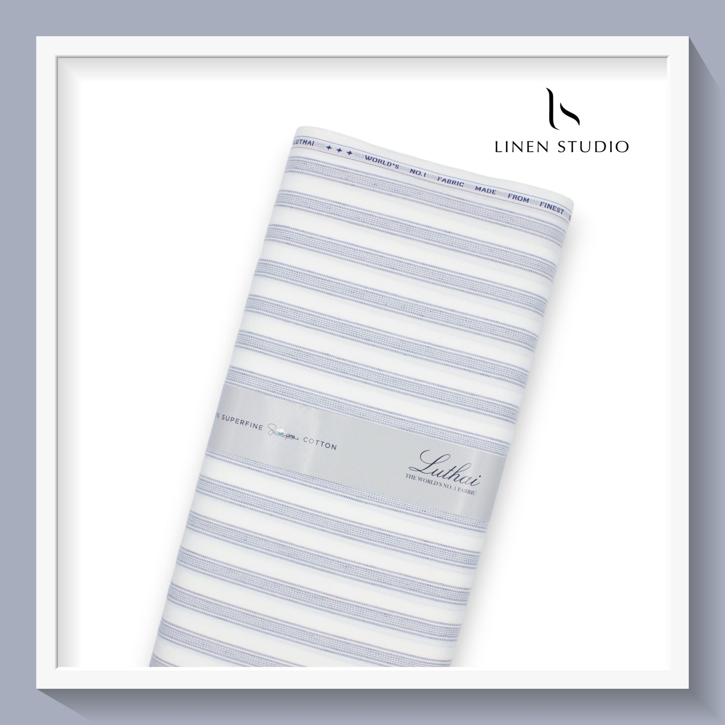 Luthai Supima Cotton White with Blue Fancy Stripes - Linen Studio