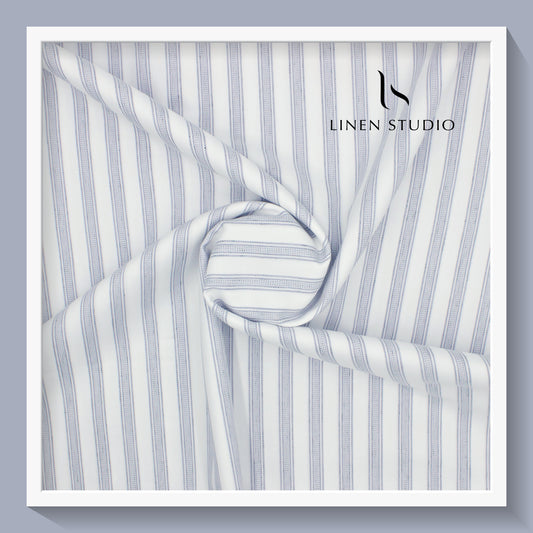 Luthai Supima Cotton White with Blue Fancy Stripes - Linen Studio