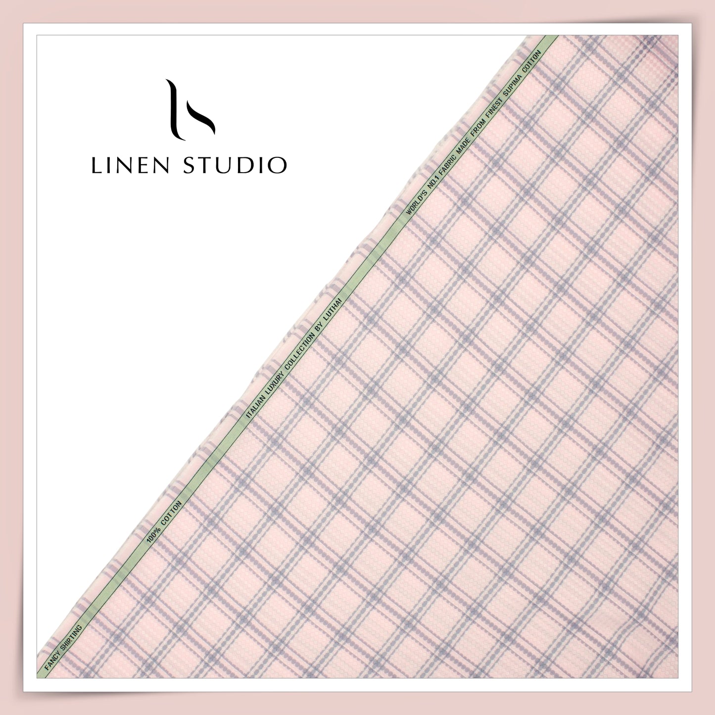 Luthai 100% Supima Cotton Jacquard Shirting - Pink Grey Checks with Dobby (Zoom In) (NEW)