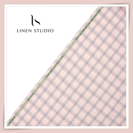 Luthai 100% Supima Cotton Jacquard Shirting - Pink Grey Checks with Dobby (Zoom In) (NEW)