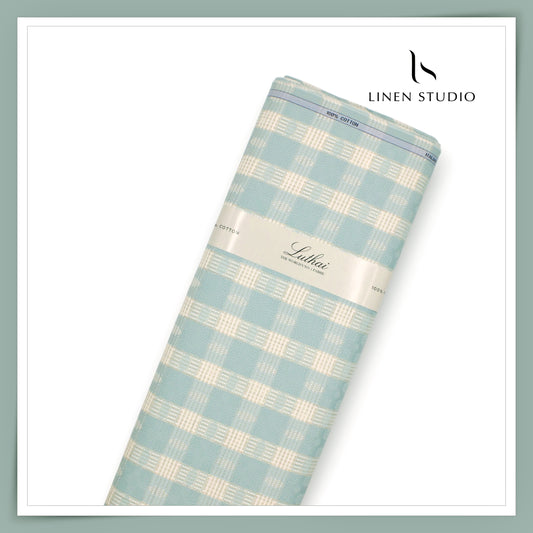 Luthai 100% Supima Cotton Jacquard Shirting - Opal Green Checks with Dobby (Zoom In) (NEW)