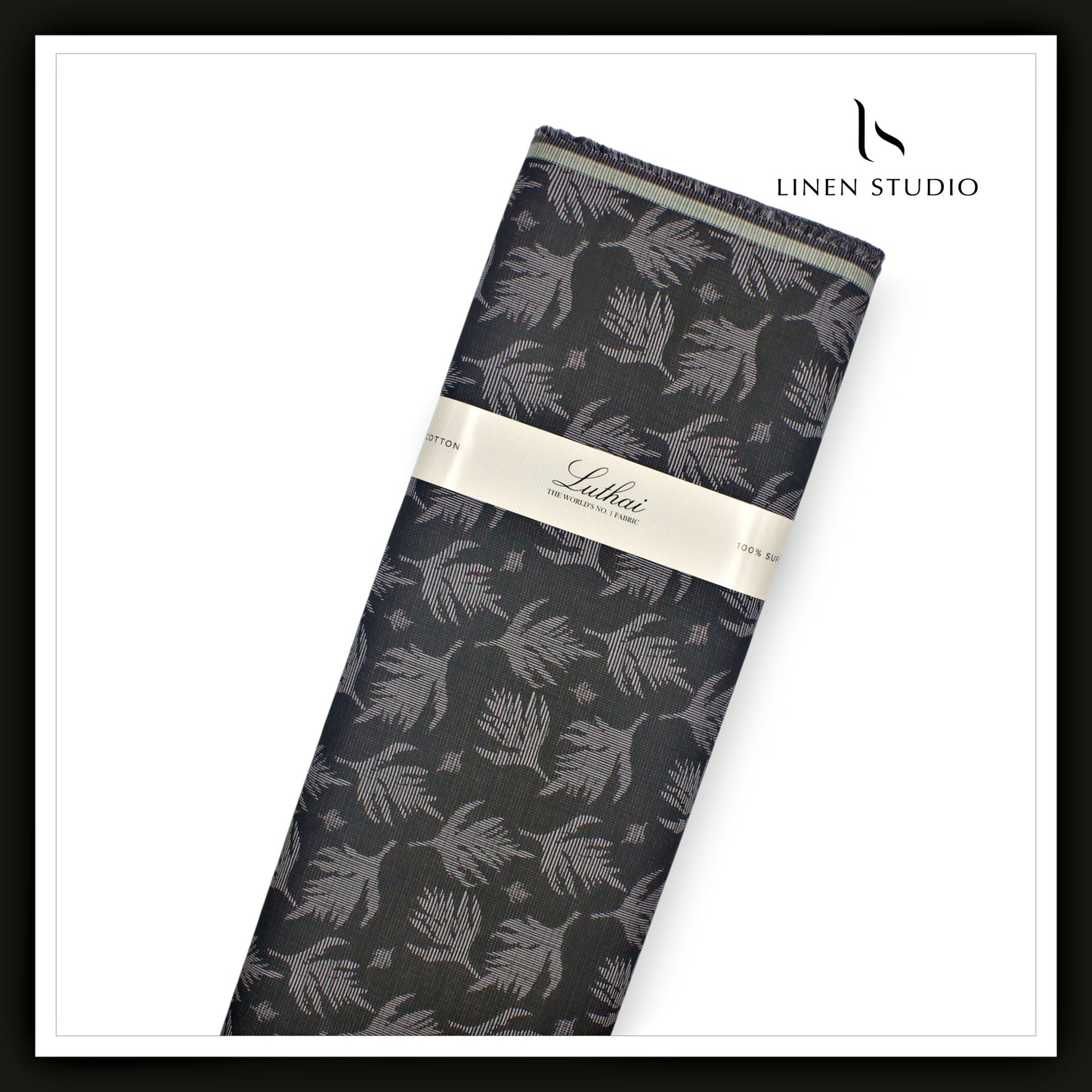 Luthai 100% Supima Cotton Jacquard 80/2 Shirting - Black with Grey Leaf (NEW)