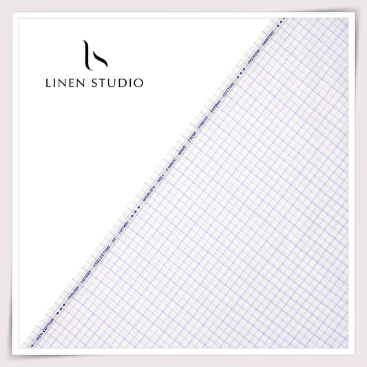 Luthai 100% Cotton Shirting - White with Blue Checks (NEW) (Zoom In)