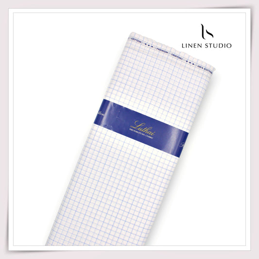 Luthai 100% Cotton Shirting - White with Blue Checks (NEW) (Zoom In)