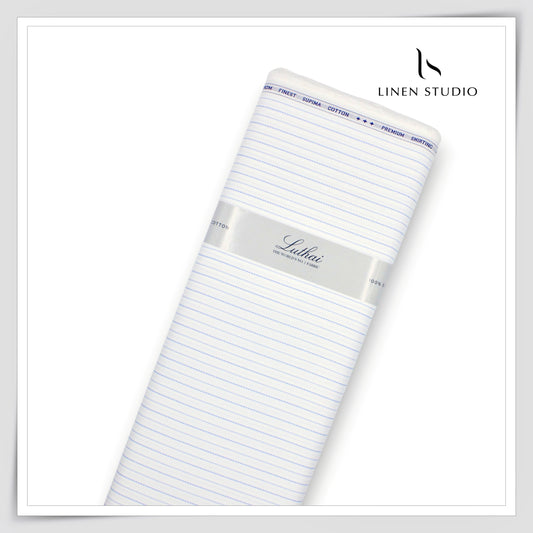 Luthai 100% Cotton Shirting - White with Blue Stripes (NEW) (Zoom In)