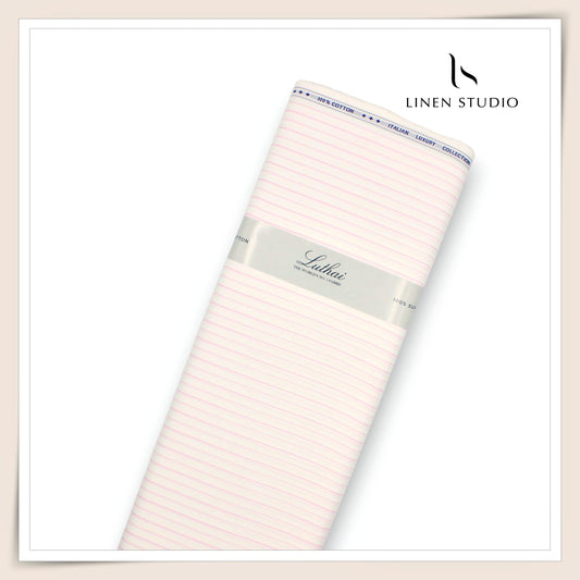 Luthai 100% Cotton Shirting - Off White with Pink Stripes (NEW) (Zoom In)