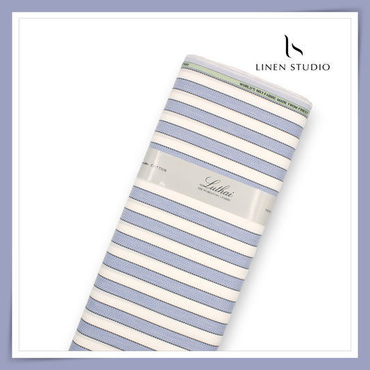 Luthai 100% Supima Cotton Jacquard Shirting -  White & Blue Stripes (Zoom In) (NEW)