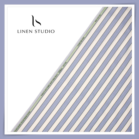 Luthai 100% Supima Cotton Jacquard Shirting -  White & Blue Stripes (Zoom In) (NEW)