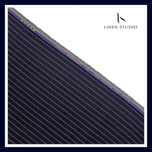 70 Lea Pure Linen Shirting by Linen Monde - Dark Blue with Silver Zari Stripes (NEW) (Zoom In)